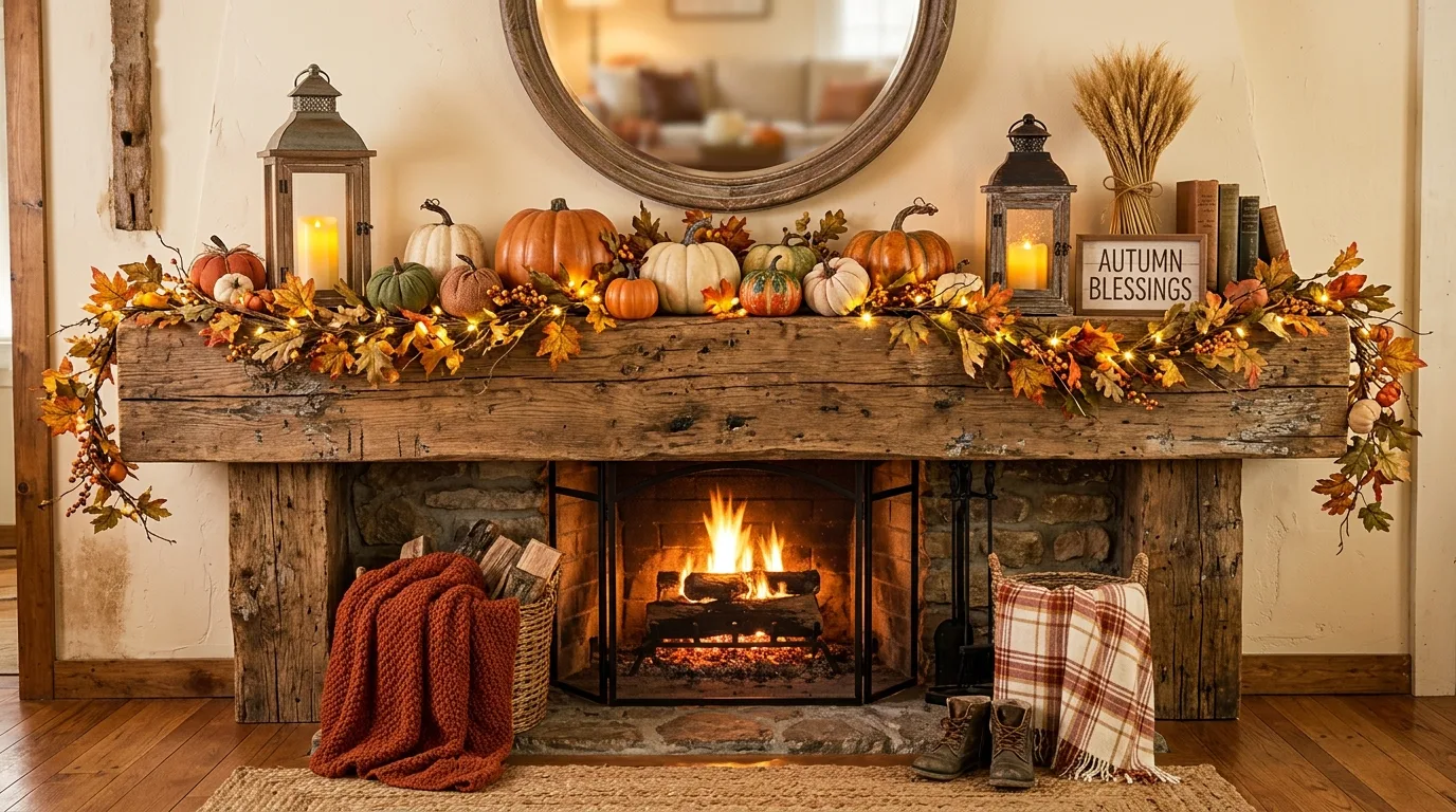 Let garland or leaves connect the whole display inspiration for a fall mantel display.